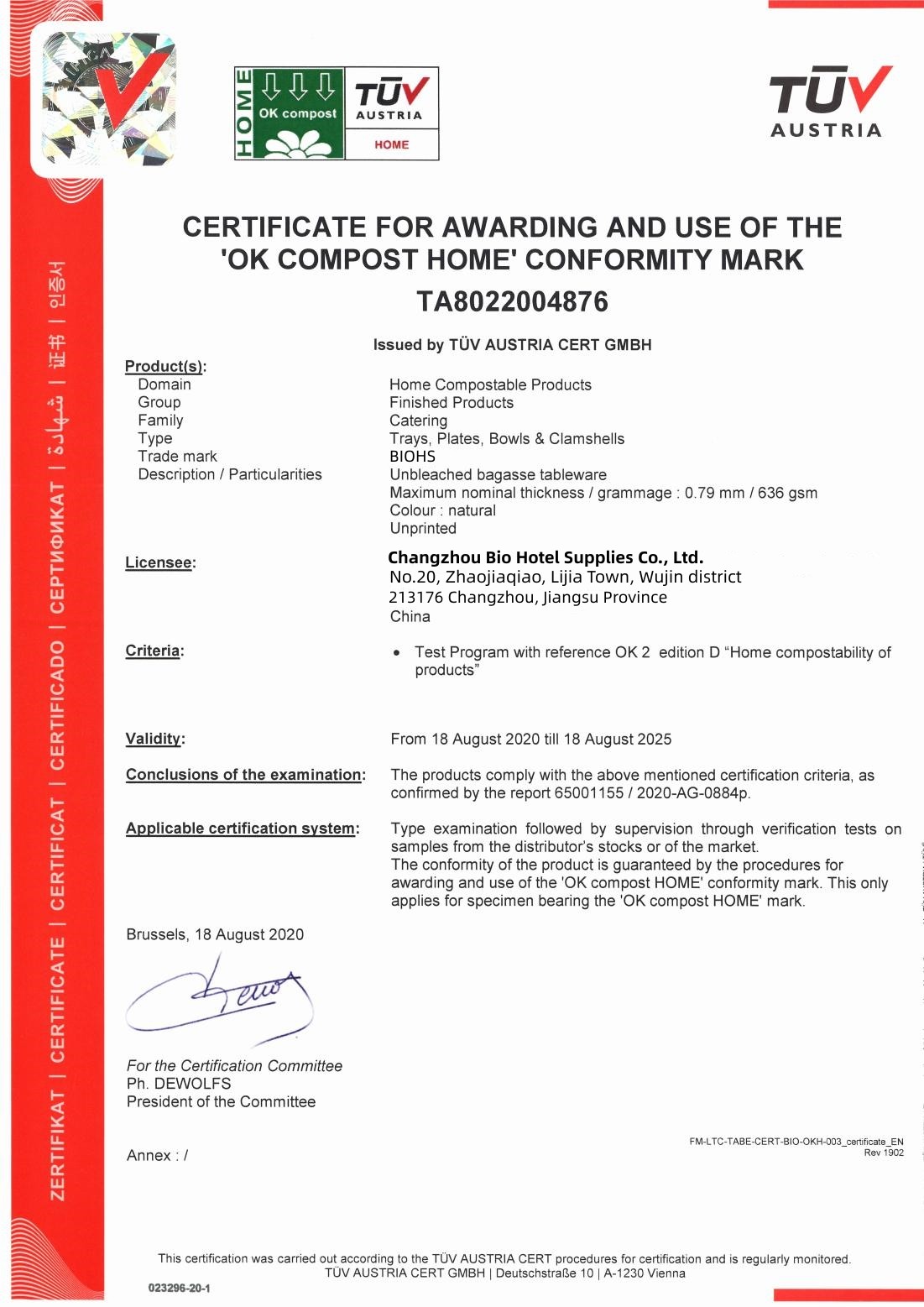 La CINA Changzhou Bio Hotel Supplies Co., Ltd. Certificazioni