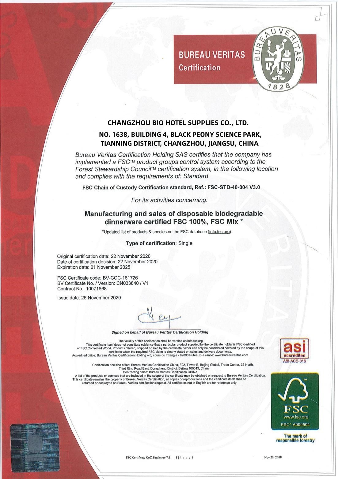 La CINA Changzhou Bio Hotel Supplies Co., Ltd. Certificazioni